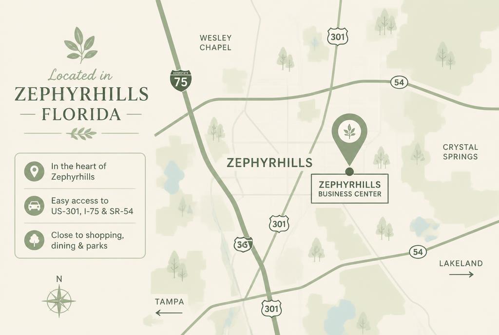 Map showing Pasco Business Center location in Zephyrhills, Florida