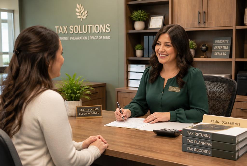Tax office interior with professional staff helping a customer